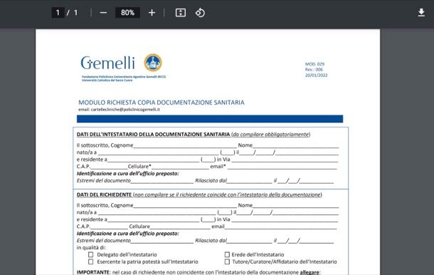 Richiesta cartella clinica Gemelli