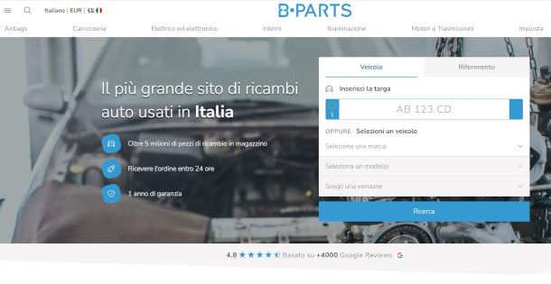 home page sito ricambi auto usati B-Parts