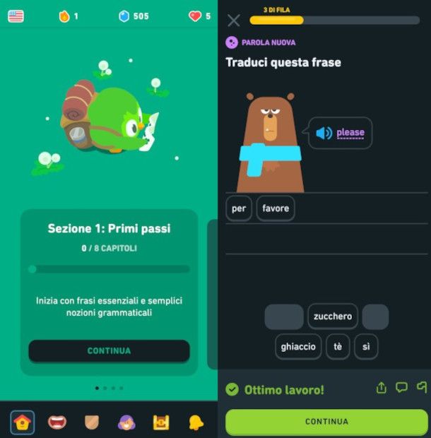 schermate app Duolingo