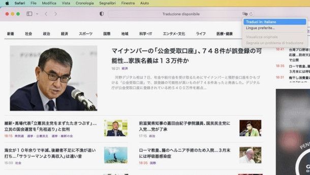 traduzione pagina Web con Safari