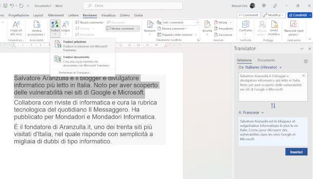 funzione Traduci su Word