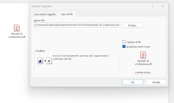 inserire PDF in Word come icona