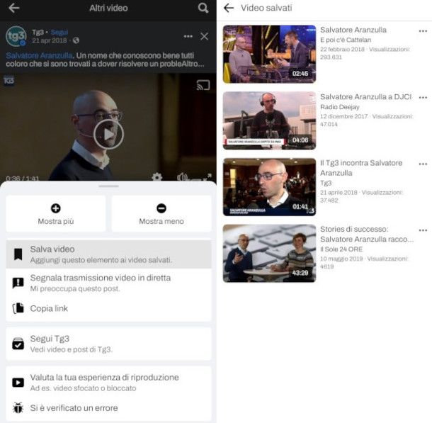 salvataggio di un video sui preferiti da app Facebook