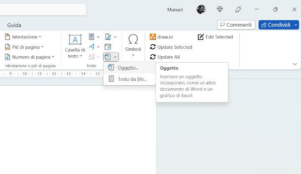 funzione Inserisci Oggetto in Word