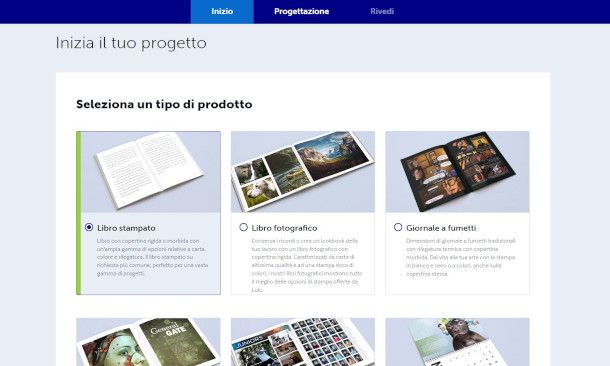 schermata di selezione del progetto su sito selfpublishing Lulu