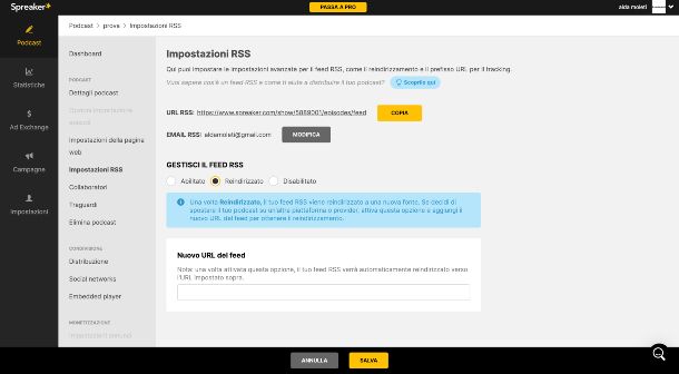 Spreaker feed RSS per reindirizzamento