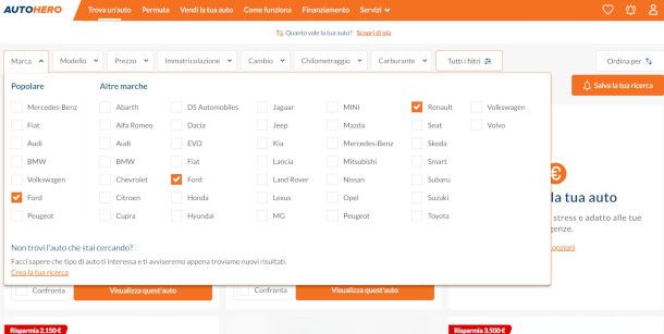 selezione marca e modello su sito Autohero