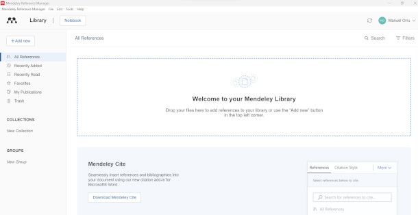 interfaccia principale Mendeley Reference Manager