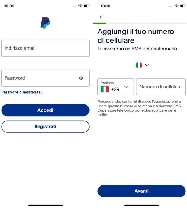 paypal registrazione telefono