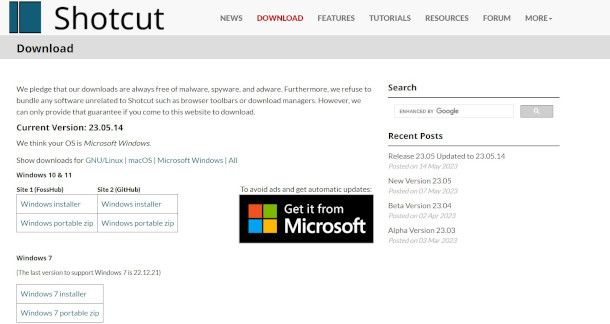 pagina di download del sito ufficiale di Shotcut