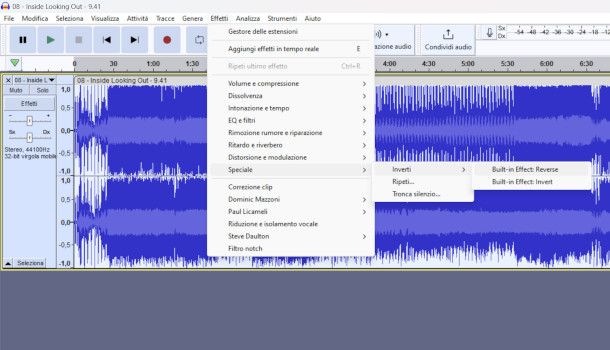 effetto reverse audio su Audacity