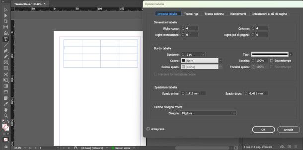 opzioni tabella tesi su InDesign