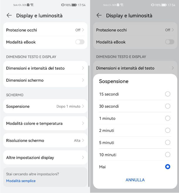 Come tenere lo schermo sempre acceso Huawei