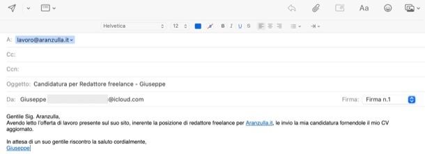 Messaggio candidatura cv mail