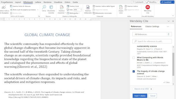 inserimento riferimenti e bibliografia su documento Word con Mendeley Cite