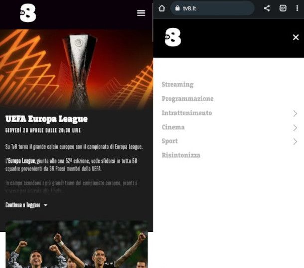 schermate sito mobile TV8