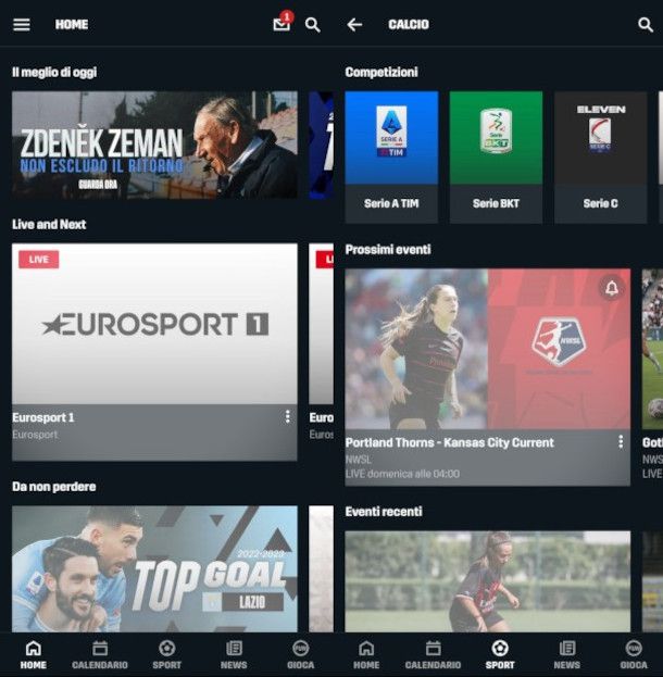 schermate app DAZN