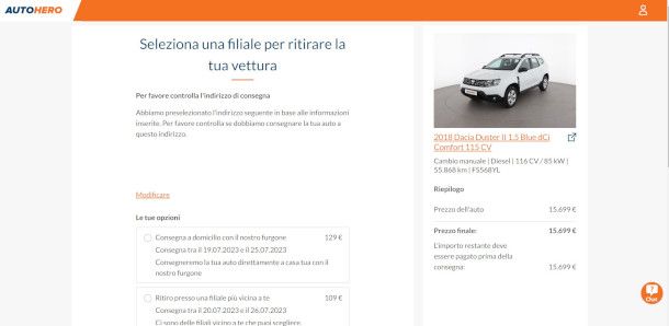 selezione modalità di consegna su sito Autohero