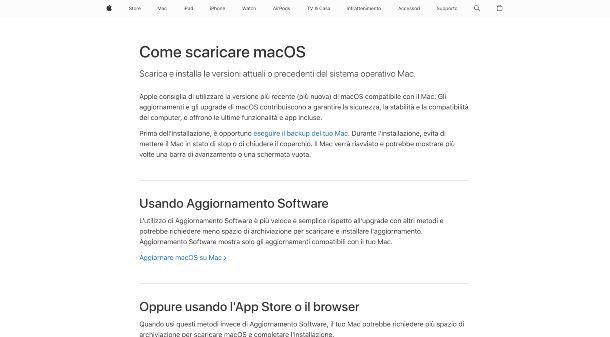 Pagina supporto Apple, scaricare macOS