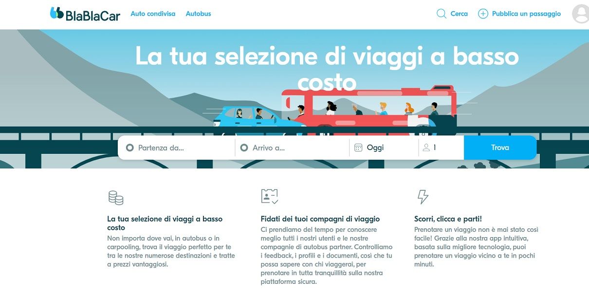 Pagina principale sito ufficiale BlaBlaCar