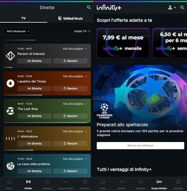 schermate app Mediaset Infinity