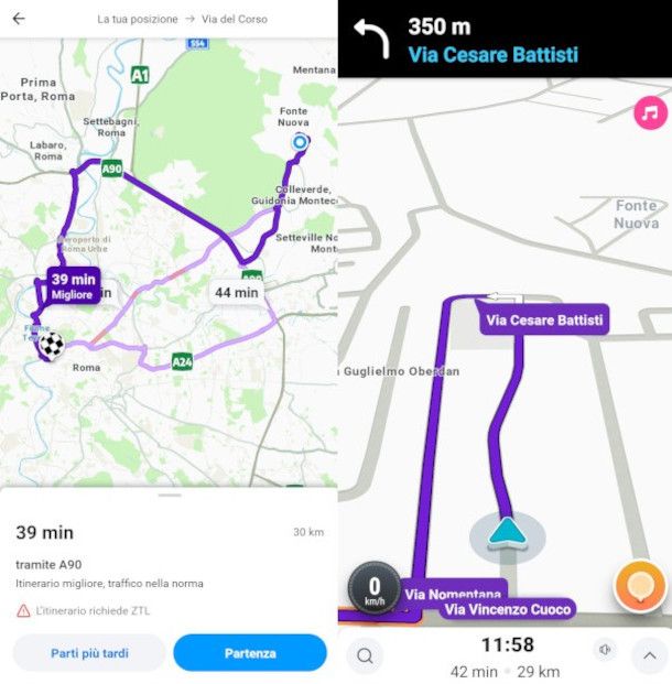 impostazione di un tragitto su app Waze