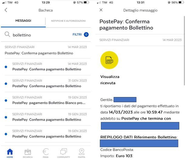 ricevuta bollettino Postepay app