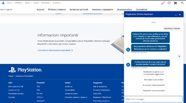 PlayStation assistenza via chat per rimborso