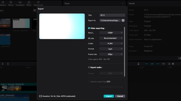 esportazione progetto su CapCut versione Desktop
