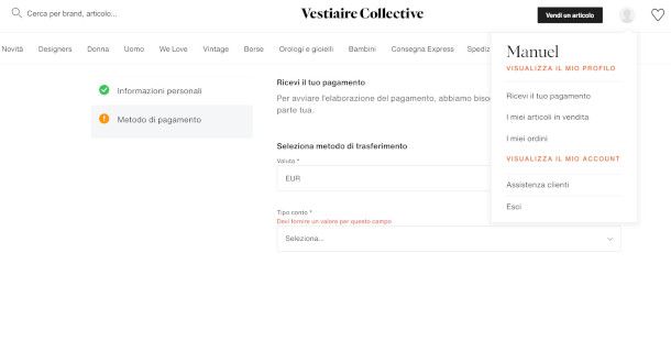 aggiunta metodo di pagamento su Vestiaire Collective