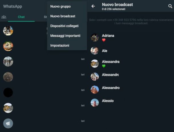 creazione ,ista broadcast WhatsApp android