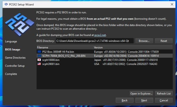 PCSX2 scelta del bios