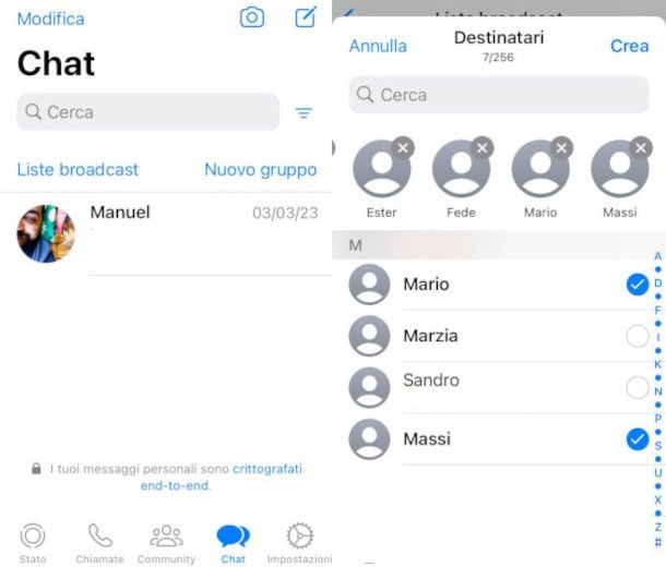 creazione lista broadcast WhatsApp iPhone