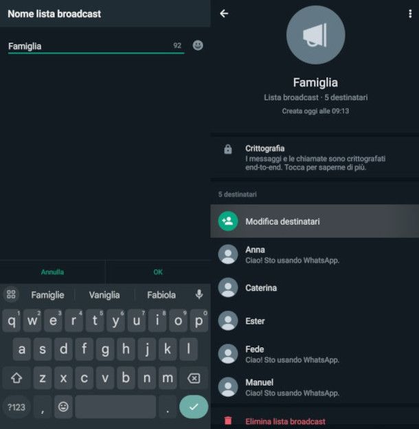 modifica ed eliminazione lista broadcast su WhatsApp Android