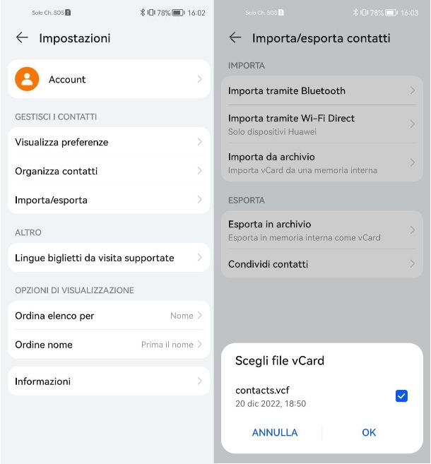 Come aprire file VCF con Huawei