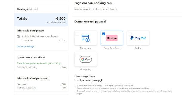 seleziona klarna com emetodo di pagamento su sito Booking