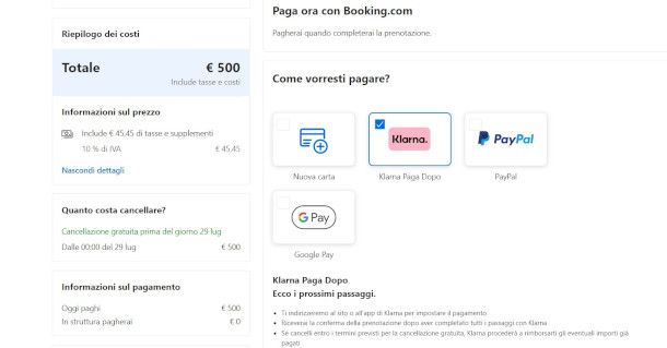 seleziona klarna com emetodo di pagamento su sito Booking