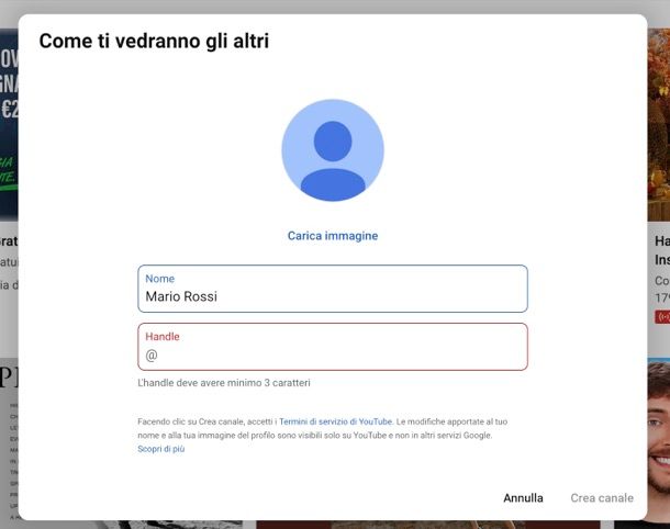 Creare canale YouTube