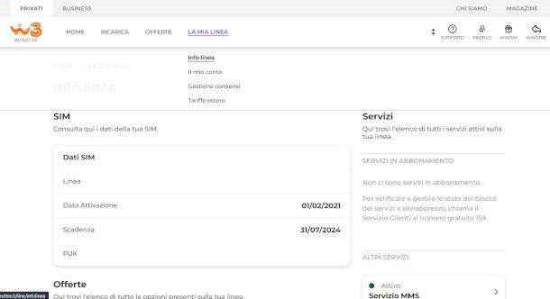 pagina Web sito WINDTRE con info linea