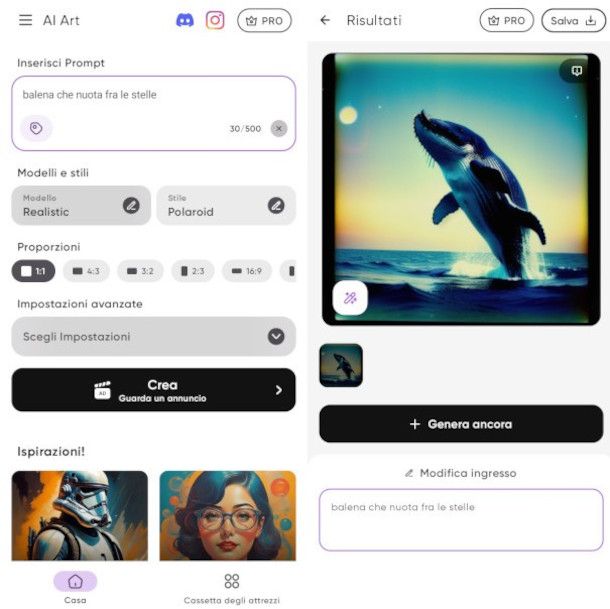 schermate app Generatore Artisitico AI