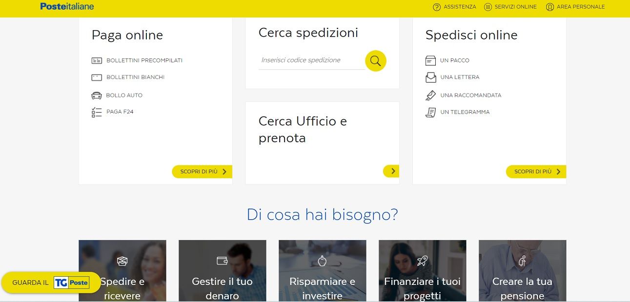 Homepage del sito Poste Italiane