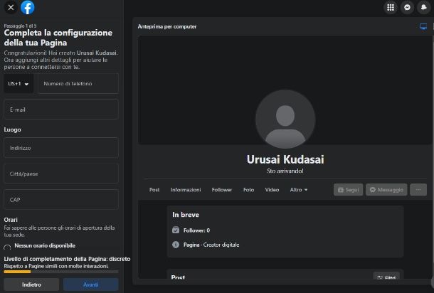 PC — configurazione pagina FB