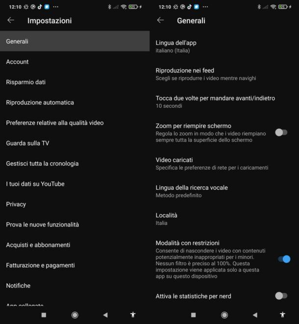 Modalità restrizioni YouTube Android