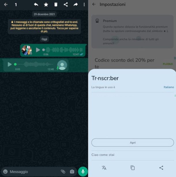 schermate app Transcriber per WhatsApp