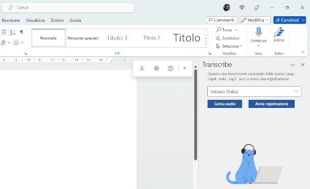 funzioni Dettatura e Trascrizione Word