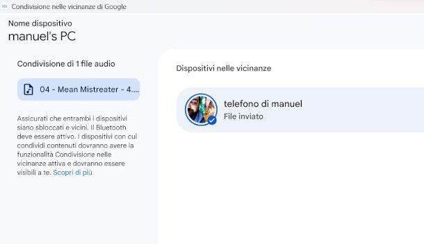 trasferimento file da PC a dispositivo android con Nearby Share