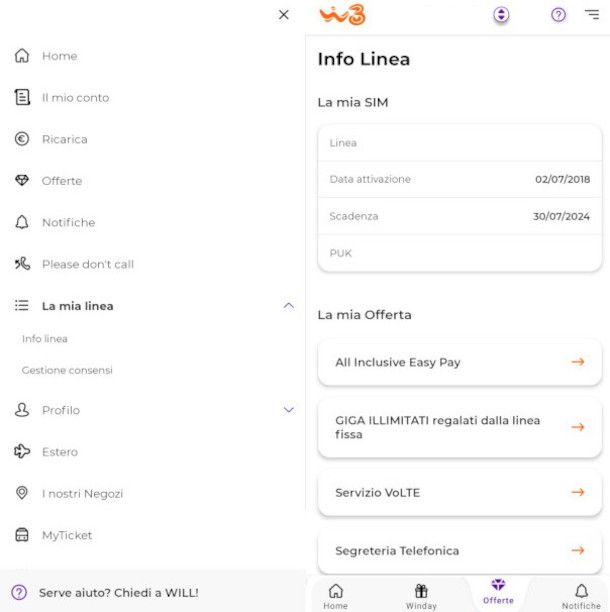 schermata Info Linea app WINDTRE