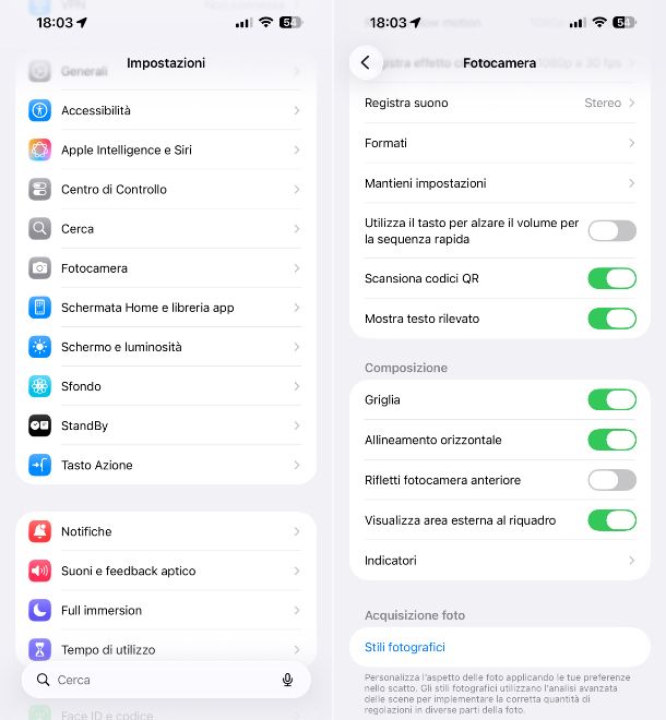 iOS impostazioni fotocamera