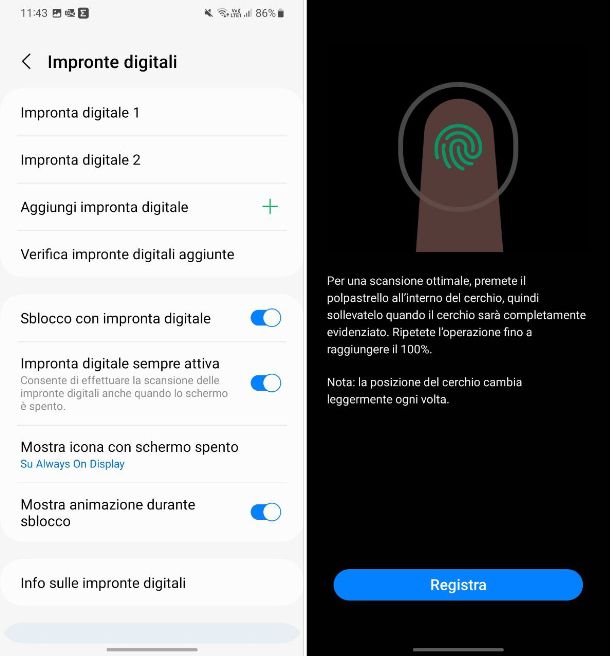 Come mettere l'impronta digitale su Samsung