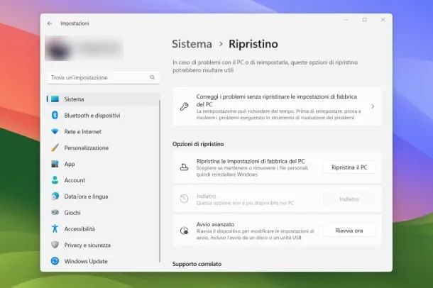 Resettare a impostazioni di fabbrica